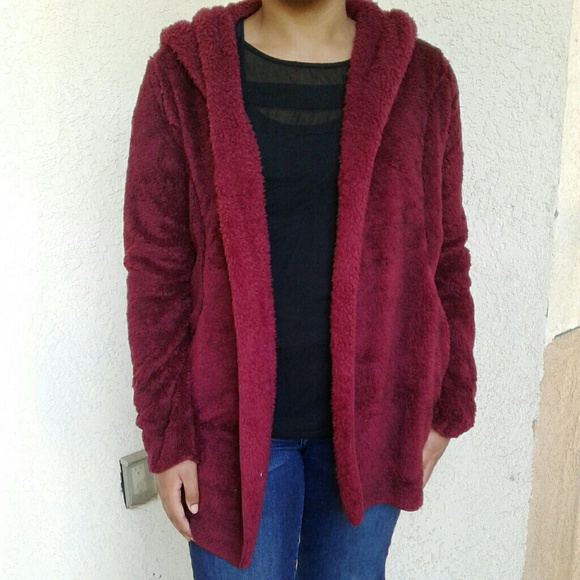 1 LEFT Burgundy Faux Fur Hooded Jacket - Picture 5 of 5